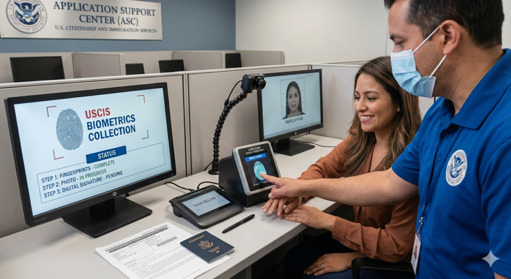 Finger recognition display of an applicant during bio-metrics