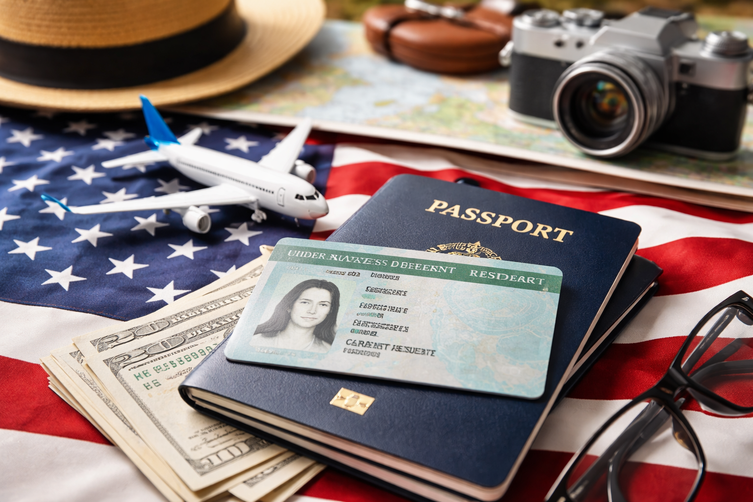 Passport and green card on flag